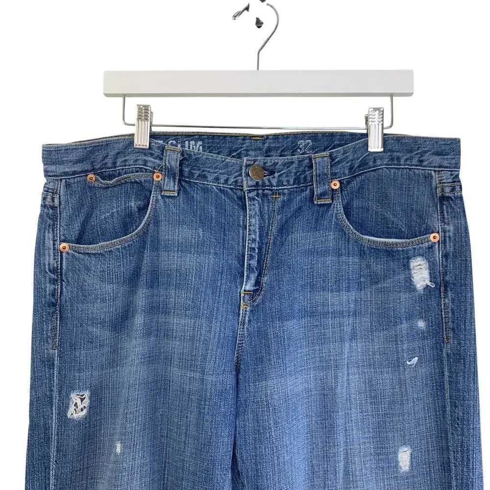 JCREW Vintage Slim Jeans Size 32X33 Destroyed Holes 100% Cotton Blue Paint Denim